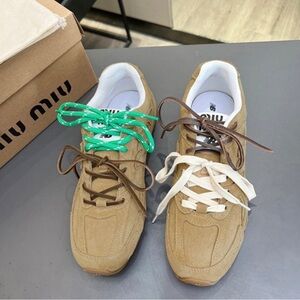 Miu Miu Tan Sneakers with Green and White Laces
